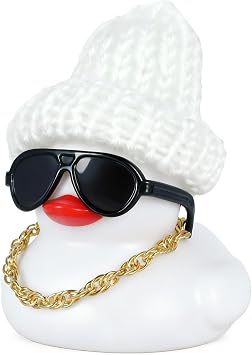 White Rubber Duck with Knit Hat, Glasses & Gold Necklace - DIY Assembly Dashboard Decor, Christmas Ornament, Stress Relief Decor for Car, Home, Office