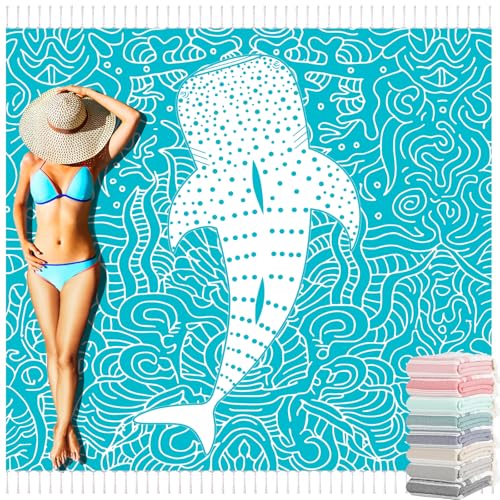 Yongoes Turkish Beach Towel Blanket Oversized 71x79 Blue Teal Whale Shark