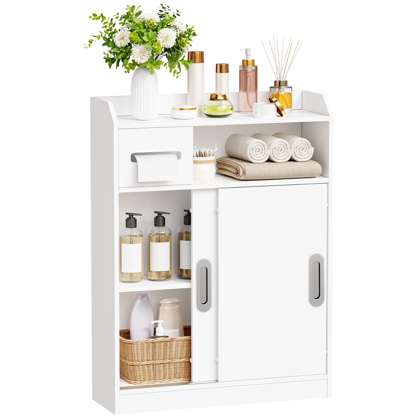 BEWISHOME Mobile da Bagno,Mobiletto Bagno Salvaspazio con Ante Scorrevoli,Maniglie Incassate,Portarotolo e Ripiani Regolabili,Accanto al Water,20x60x80 cm,Bianco EYYG16W