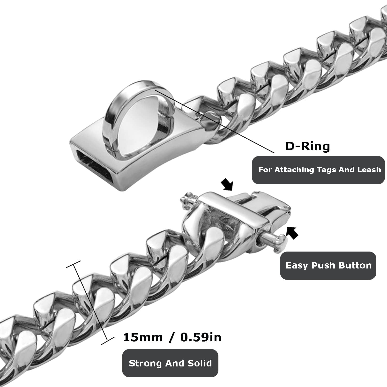 SOONHUA Dog Chain Collars Walking Metal Chain Collar Wide Cuban Link Dog Necklace Chain Collar with Metal Buckle D Ring Puppy Costume for Small Medium Large Dogs - Image 3