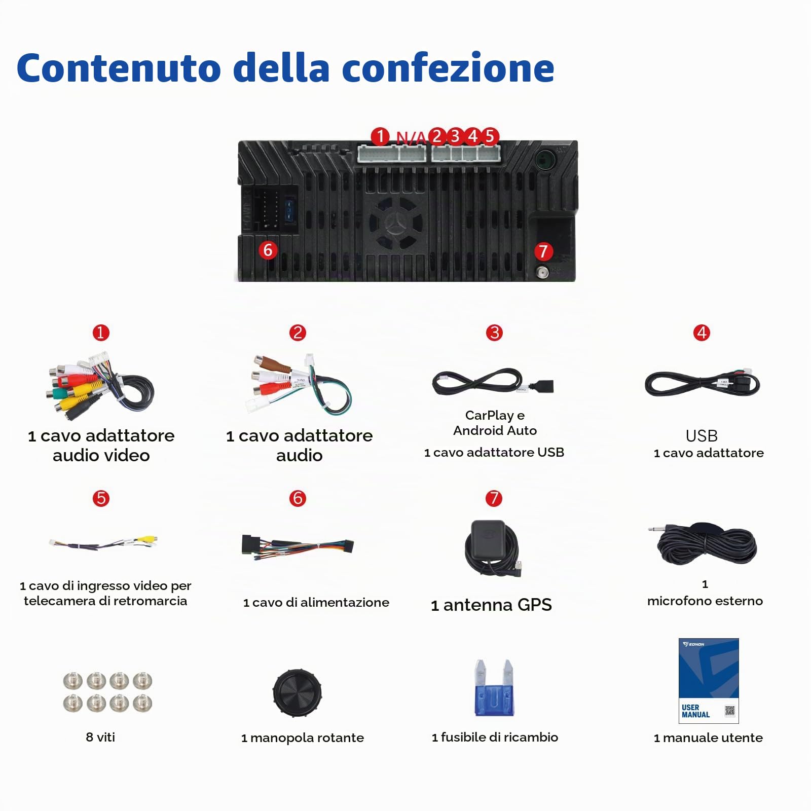 Eonon Autoradio Android 14 da 7 pollici, doppio DIN, sistema di navigazione GPS da 4+64GB, CarPlay, Android Auto, mirroring dello schermo Bluetooth touchscreen WiFi DSP USB telecamera posteriore UX7A