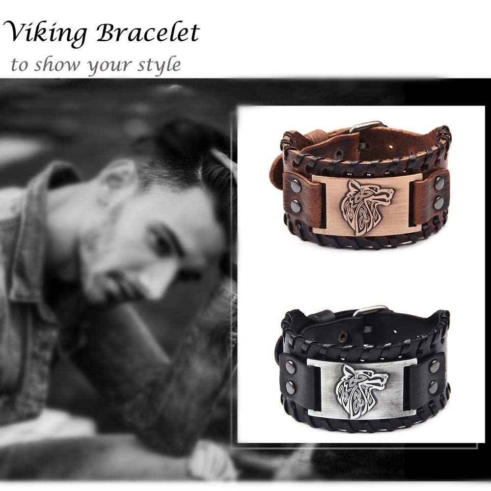 GelConnie Viking Leather Cuff Bracelet With Wolf Head Amulet - Adjustable Gothic Punk Wristband