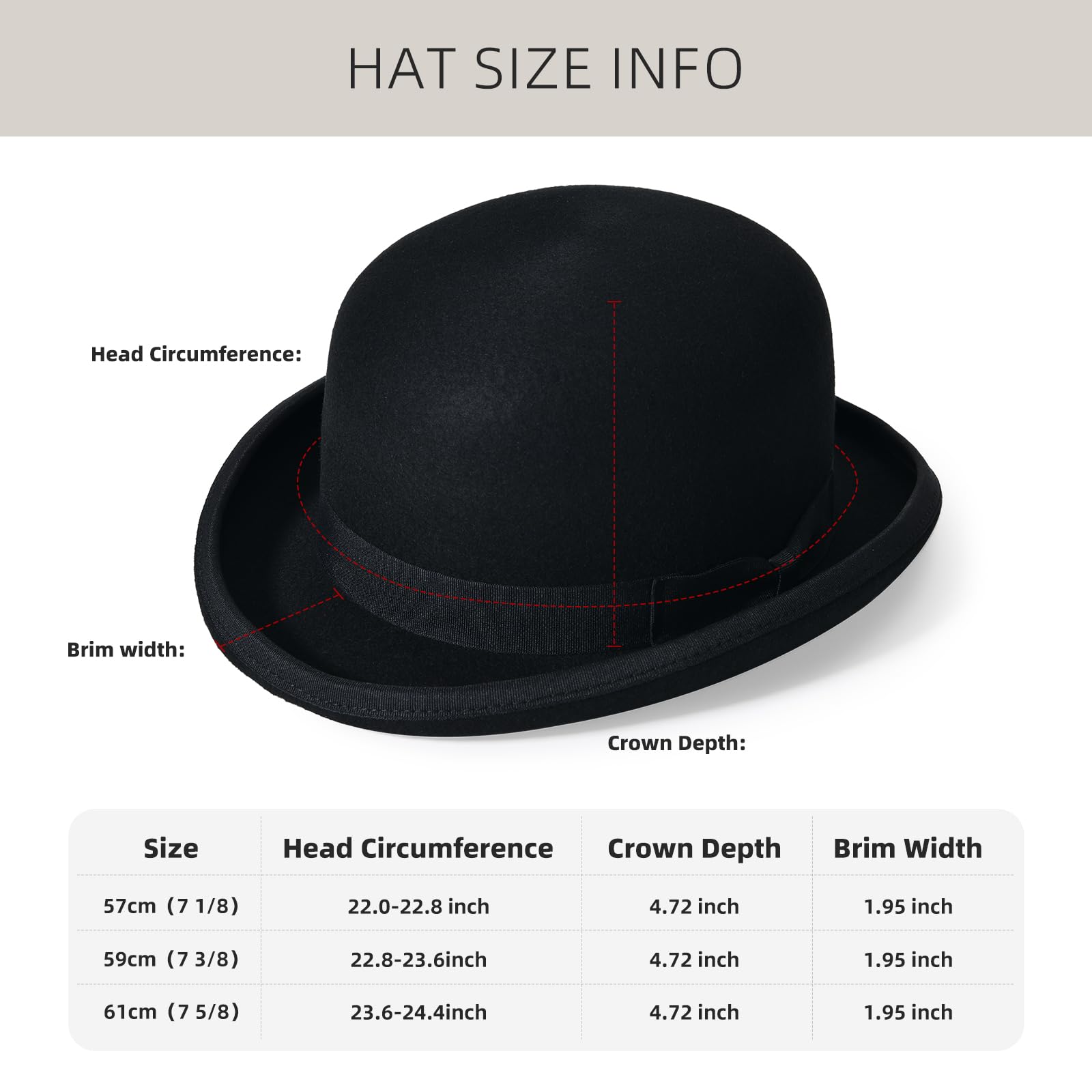 Willheoy Bowler Hut Herren Damen Melone Bowler Filzhut aus 100% Wolle Schwarz Derby Wollfilzhut Herbst Winter für Fasching Halloween Karneval Partyhut