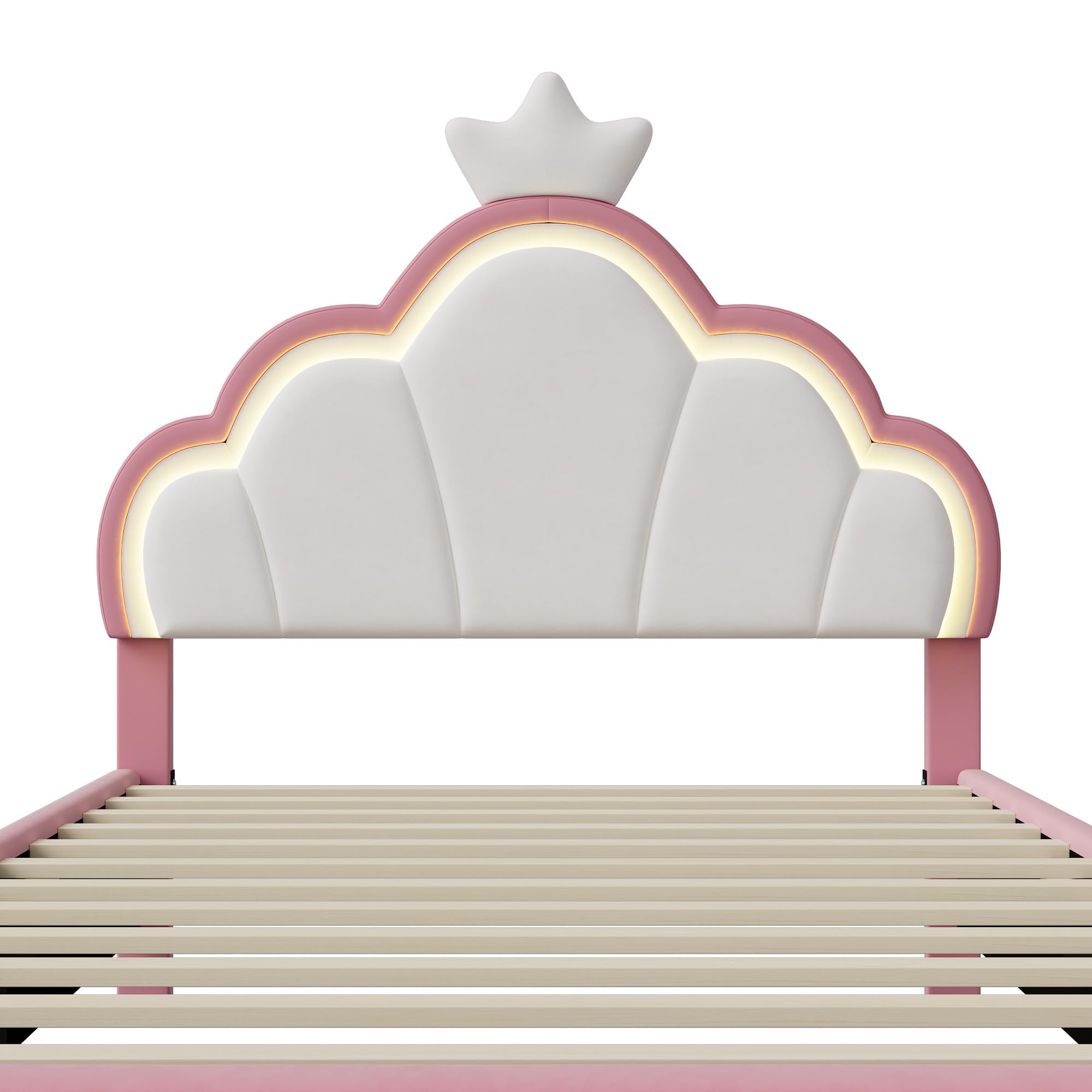 LIVLUX Cama acolchada, 140 x 200 cm, cama de princesa con cabecero LED ajustable y somier, para niñas, diseño de corona, para niños y adolescentes, terciopelo (Rosa, 140 x 200 cm)
