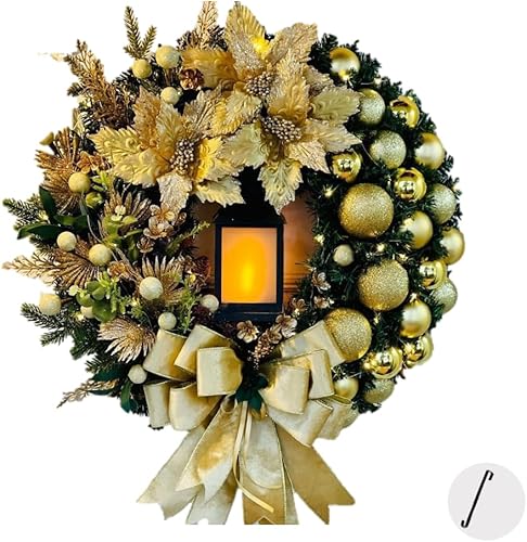 Miniatura 7 de Corona de Navidad con lámpara de aceite LED, funciona con pilas (no incluida), lazo rojo grande, adornos de bayas, decoración de puerta de Navidad