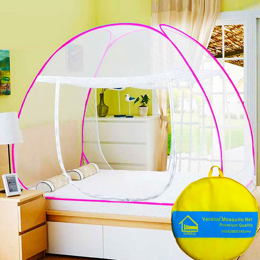 VERDIOZ Double Bed Mosquito Net Machardani Foldable for Adult | Kids | Baby, Corrosion Free Steel Wire, 30 GSM Bright White Double Yarn Net with Saviour Kit -(King Size, 200X200X145 Cm, Pink)-image-38