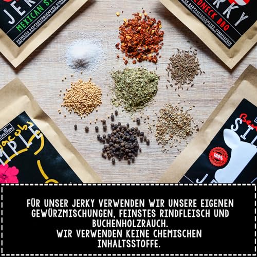 Beef Jerky Probierbox, 5 x 50g, handgemacht, Österreichs Beef Jerky Nr. 1, Premium Trockenfleisch ohne chemische Zusätze (Mixed Flavors)