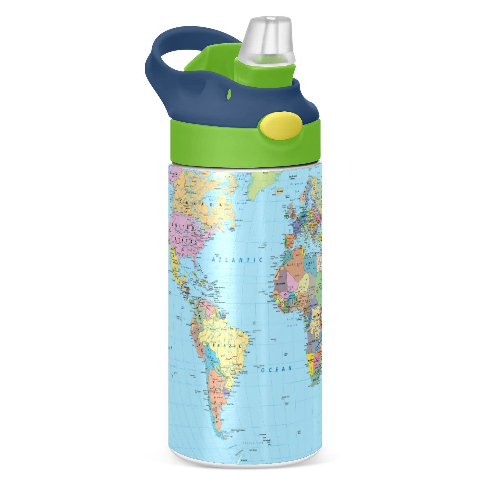 Poeticcity Colorful World Map with Turquoise Ocean Background Tumbler with Lid & Straw, Boys Girls Stainless Steel Double Wall Cup Water Bottle BPA-Free Vacuum Insulated Thermal Mug 11.8 Oz