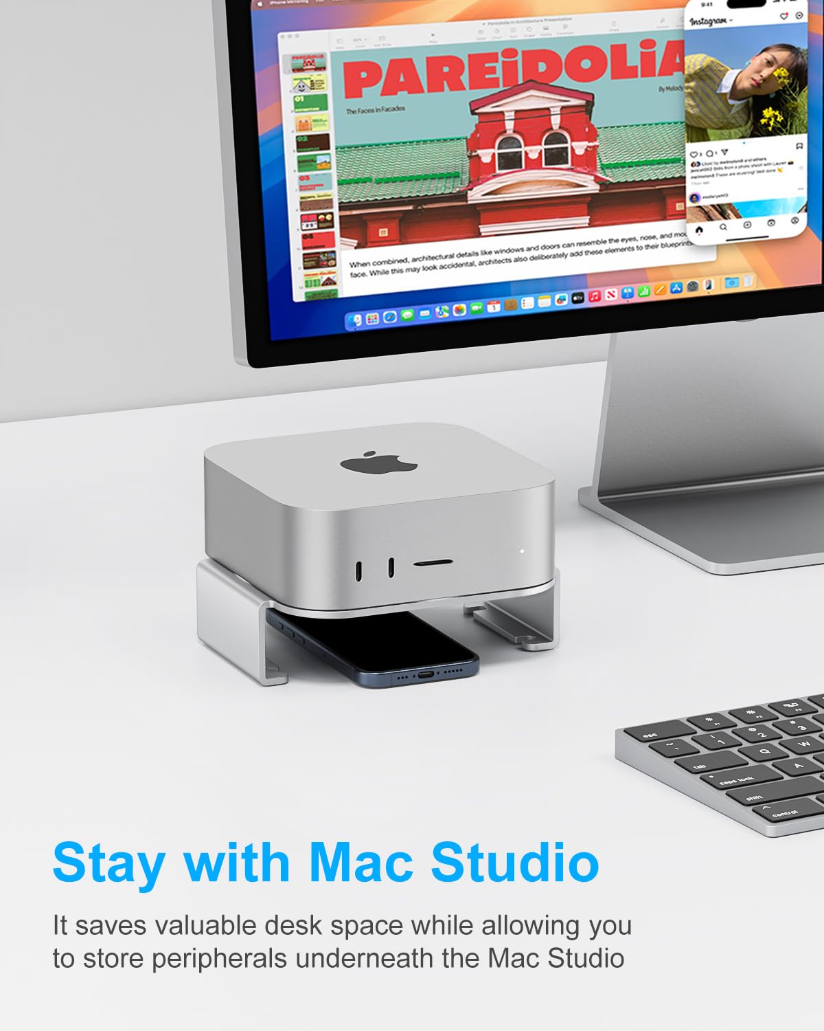 Supporto da scrivania in alluminio progettato solo per Mac Studio, flusso d'aria migliorato dissipa efficacemente il calore, organizzazione della scrivania
