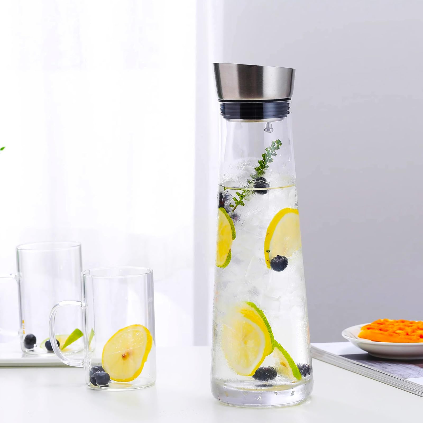 APACALI 2 caraffe per acqua in vetro con coperchio, caraffa in vetro da 1,5 litri, coperchio in vetro in acciaio inox, caraffa in vetro per bevande fatte in casa, tè freddo, latte, caffè e vino