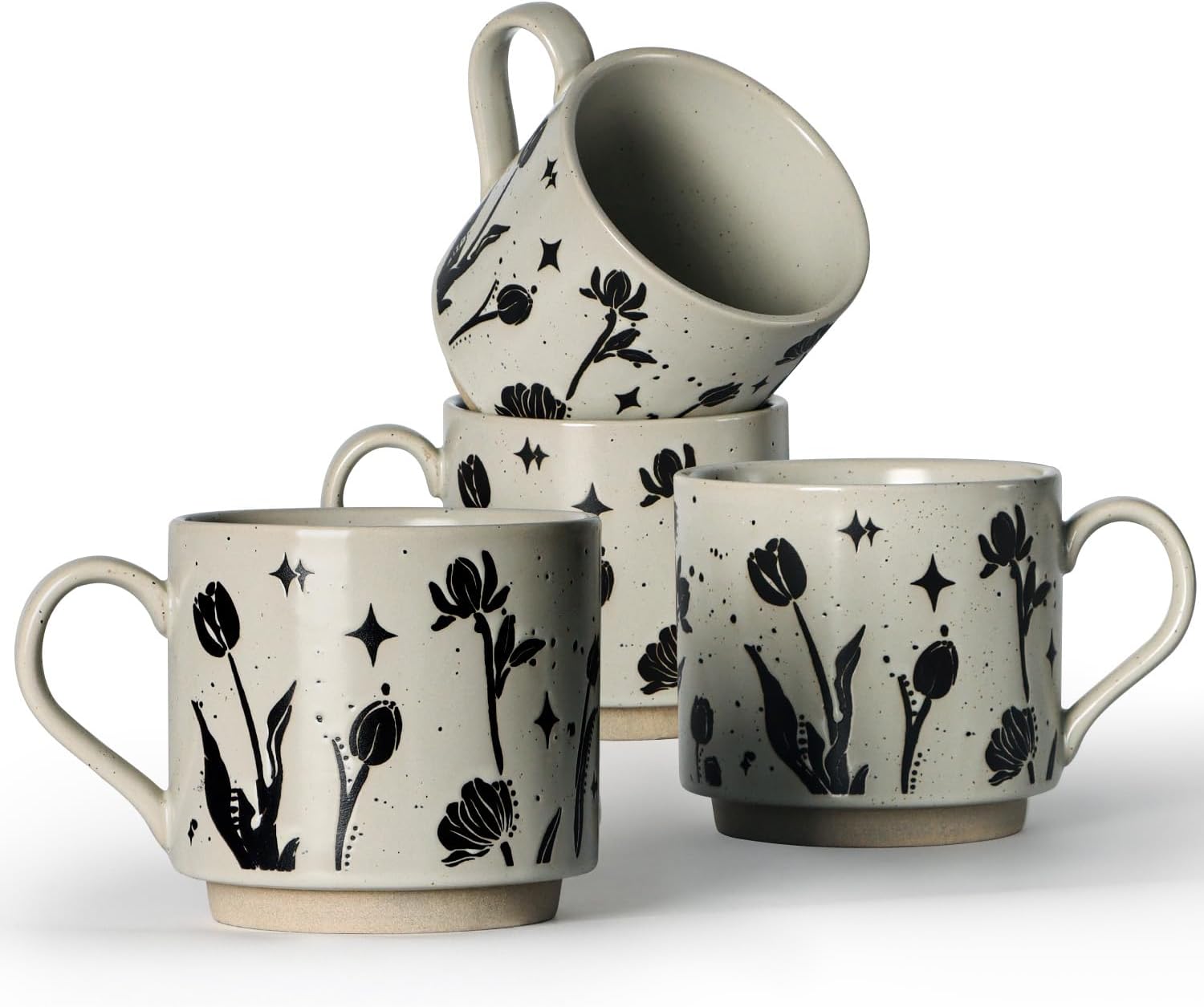 Stackable Coffee Mugs Set of 4, Aesthetic Cute 10 OZ Small Ceramic Espresso Cups Vintage Stoneware Tea Cup for Cappuccino Latte, Flower