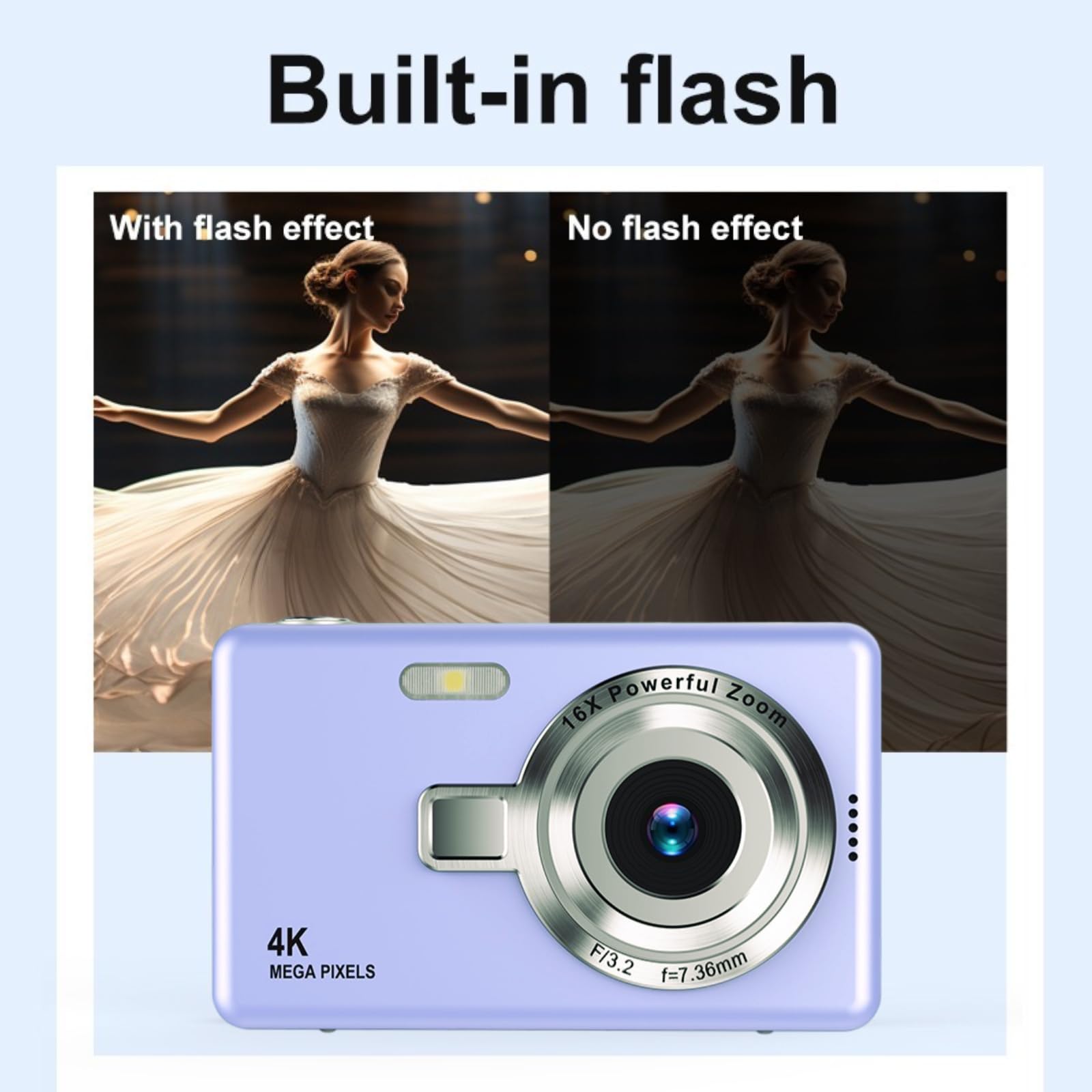 Fotocamera Digitale 4K 50MP, Macchina Fotografica Compatte per Ragazzi, Zoom 16X, Schermo LCD da 2,4", Scheda 64G, Batteria Integrata, Ideale per Bambini, Adolescenti, Principianti, Lilla