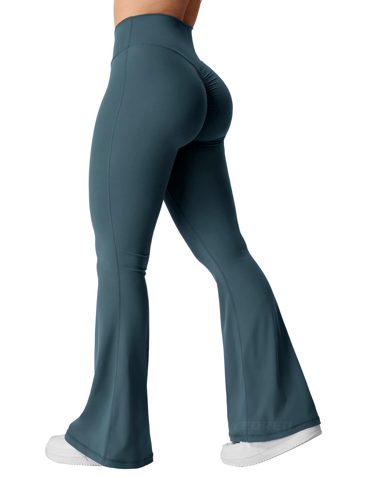 YEOREO Kalie Flare Scrunch Leggings for Women V Cross Waist Bell Bottom Yoga Pants Tummy Control Bootcut Workout Leggings - Small - Blue Green