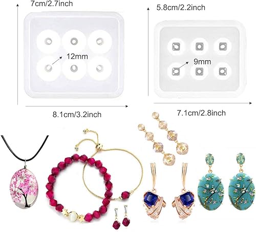 Miniatura 4 de Paquete de 6 moldes de cuentas de resina con agujero, moldes de resina de silicona epoxi para cabujón de piedras preciosas colgantes, aretes,