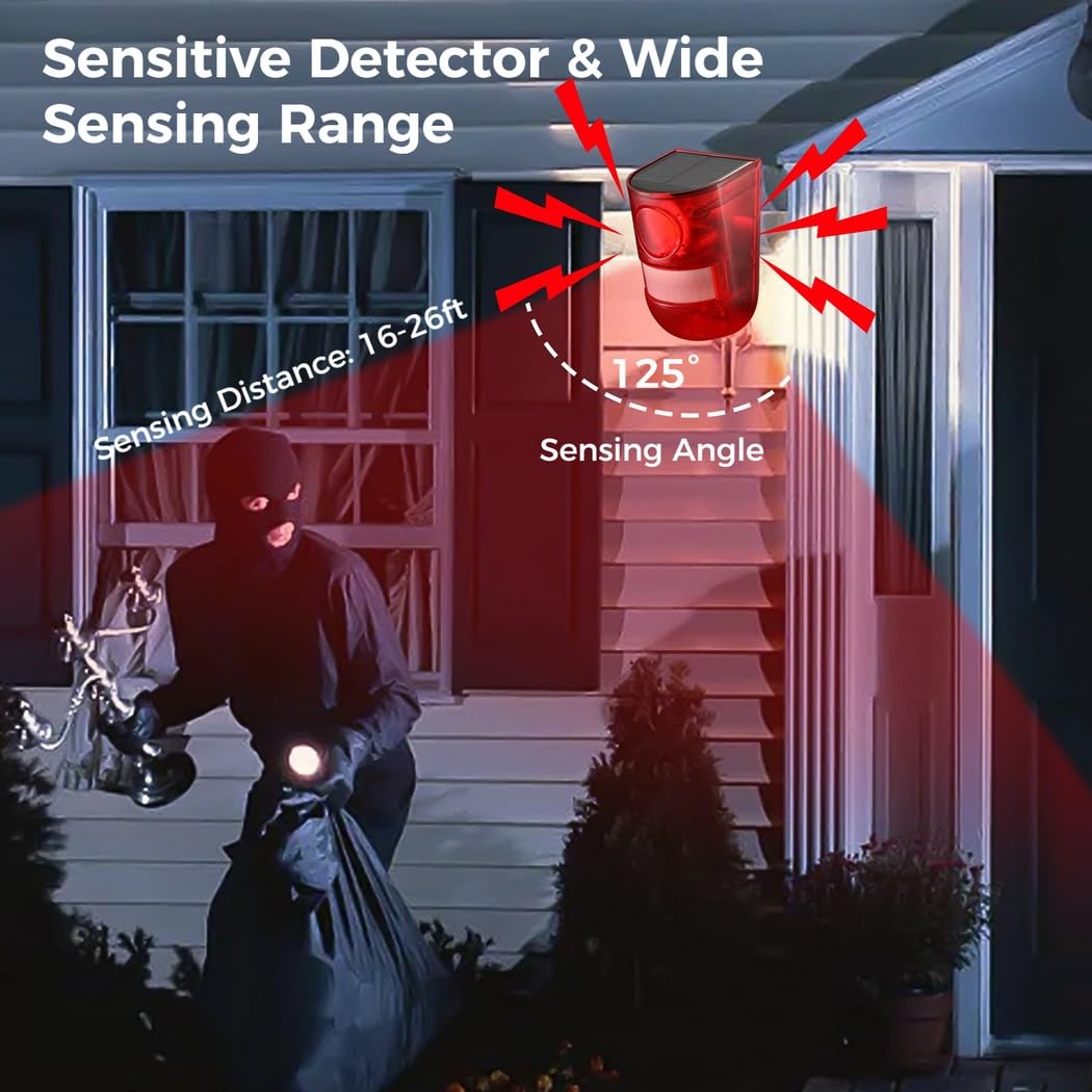 Luz de sirena de seguridad impermeable al aire última intervensión, luces de alarma solares con detector de movimiento, 3 piezas, 6 luces LED rojas intermitentes y sirena de 129 Db, 4 modos de luz de