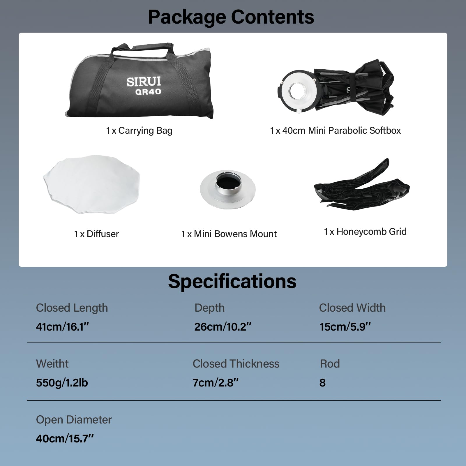 SIRUI 40cm Mini Softbox mit Schneller Aufbau, Faltbar, Mit Diffusor und Gitter, Schnellverschluss für Video Dauerlicht, Kompatibel mit C150X-Serie und QR40