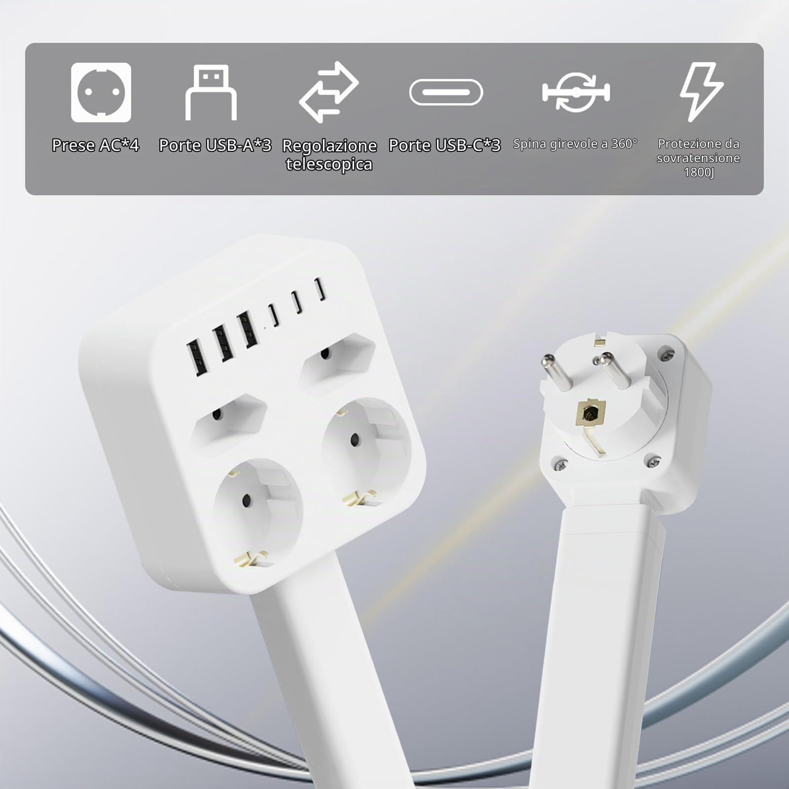 Presa Rotante Estensibile (47-67 cm), con Porte USB-A/USB-C e 3 Prese AC, Rotazione 360°, Ideale per Divano, Comodino e Dietro ai Divani (Piazza)