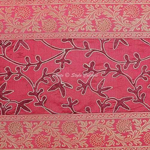 Image of Ari Zari Embroidered Table Runner Indian Decorative 6 Feet Magenta & Purple Banarsi Brocade Satin Ethnic Long Runner Up with Tassels Living Room Tablecloth