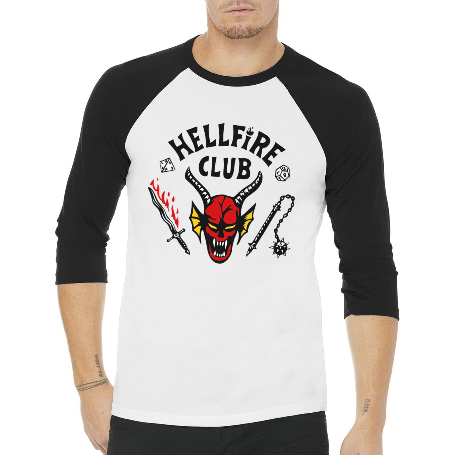 Asher's Apparel Hellfire Club Baseball Tee | Mens Womens Raglan T-Shirt | Unisex Sizing - Standard Large Black and White