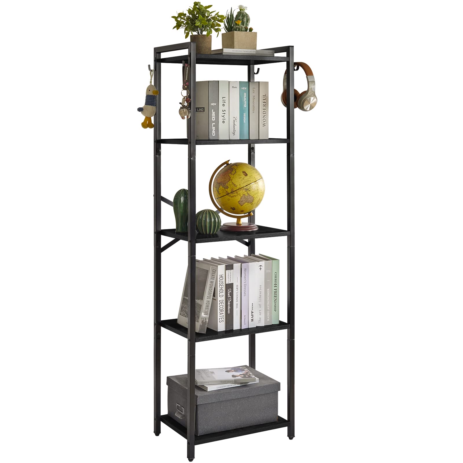 YMYNY Étagères à 5 Niveaux, Bibliothèque, Étagère de Rangement, Hauteur 147CM, Étagères Ouvertes, Éétagères de Bureau, Cadre en Métal, pour Salon, Bureau, Cuisine, Noir HBC005B