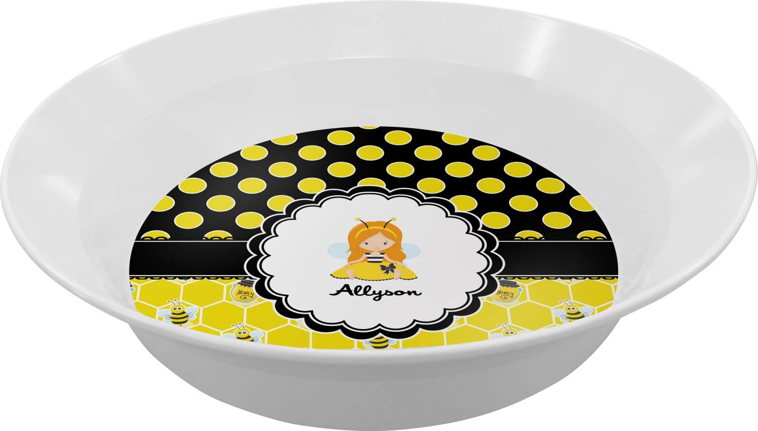 Personalized Honeycomb, Bees & Polka Dots Melamine Bowl - 12 oz