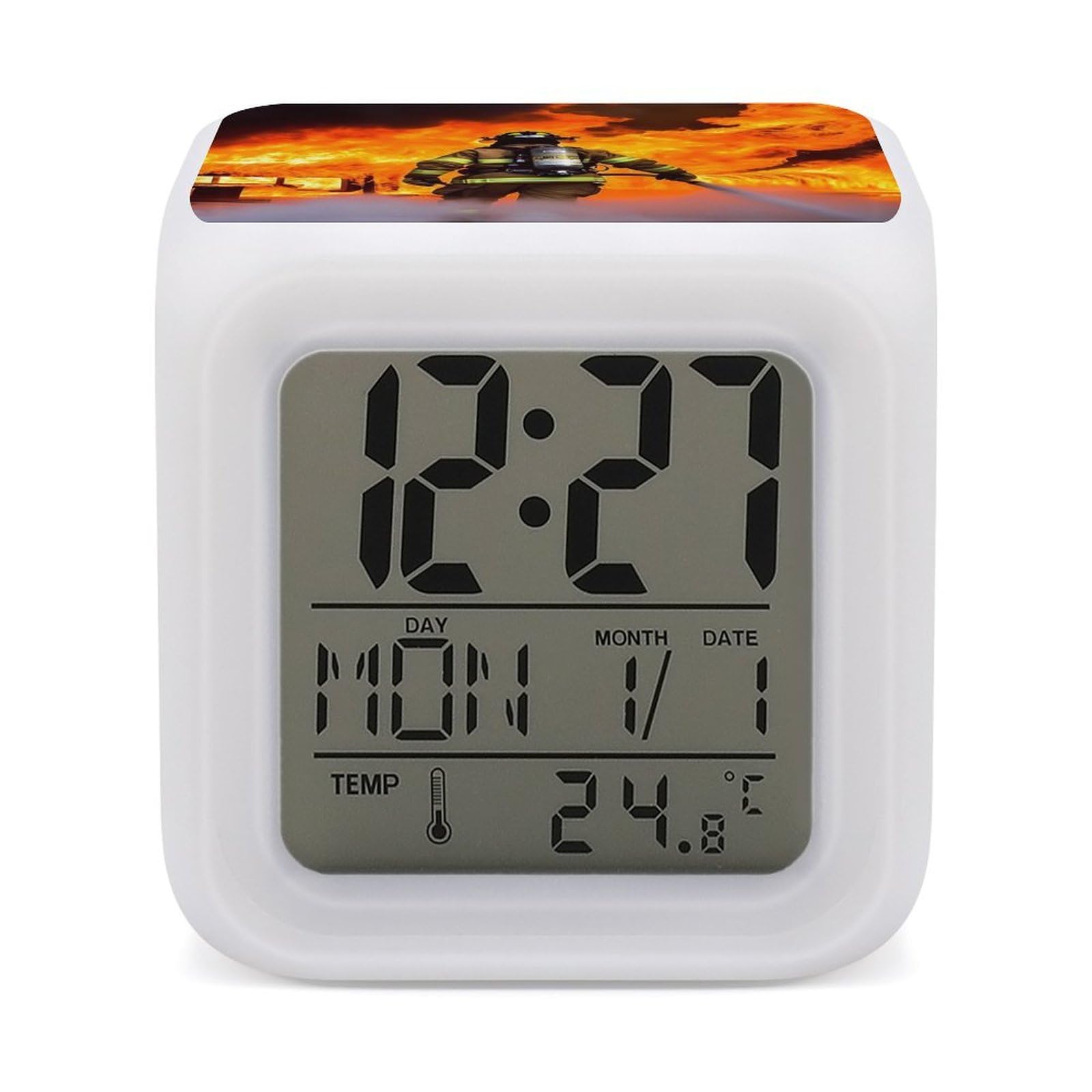 DWVTSLH Firefighter Fireman Flame Alarm Clock with 7 Color Changing Night Light, Wake Up Digital Clock for Bedroom, Bedside Cube Clock with Date, Temperature, Battery Operated Desk Clock Gift
