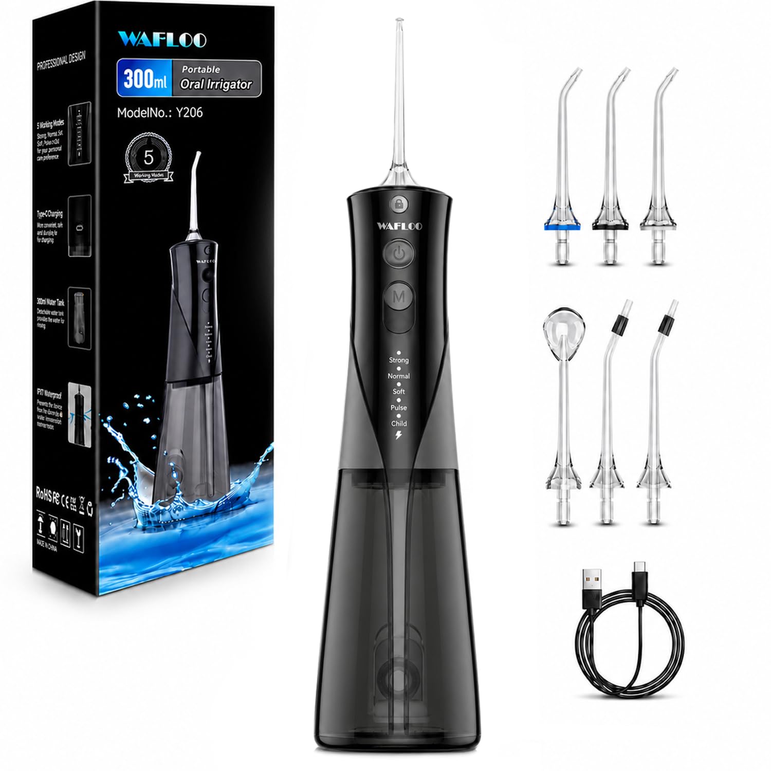 Irrigador Dental Portatil, 5 Modos de Limpieza con 6 Boquillas, Tanque de Agua de 300ml, IPX7 Impermeable, Ideal para Limpieza Dental en Casa y de Viaje（Negro）
