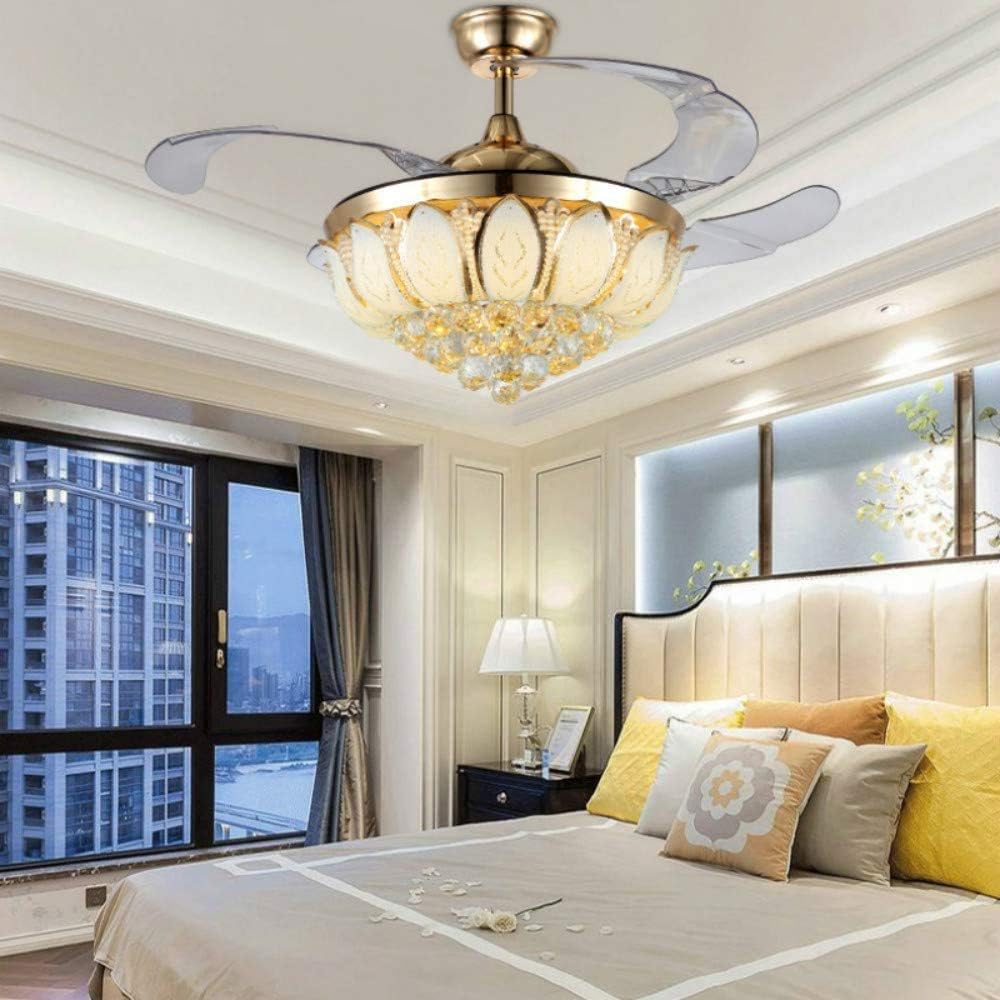 42" Retractable Ceiling Fans with LED Light Remote Control 4 Invisible Clear ABS Blades Livingroom Diningroom Fan Chandelier Indoor Ceiling Light Kits with Fans (42 Inch, Gold A)