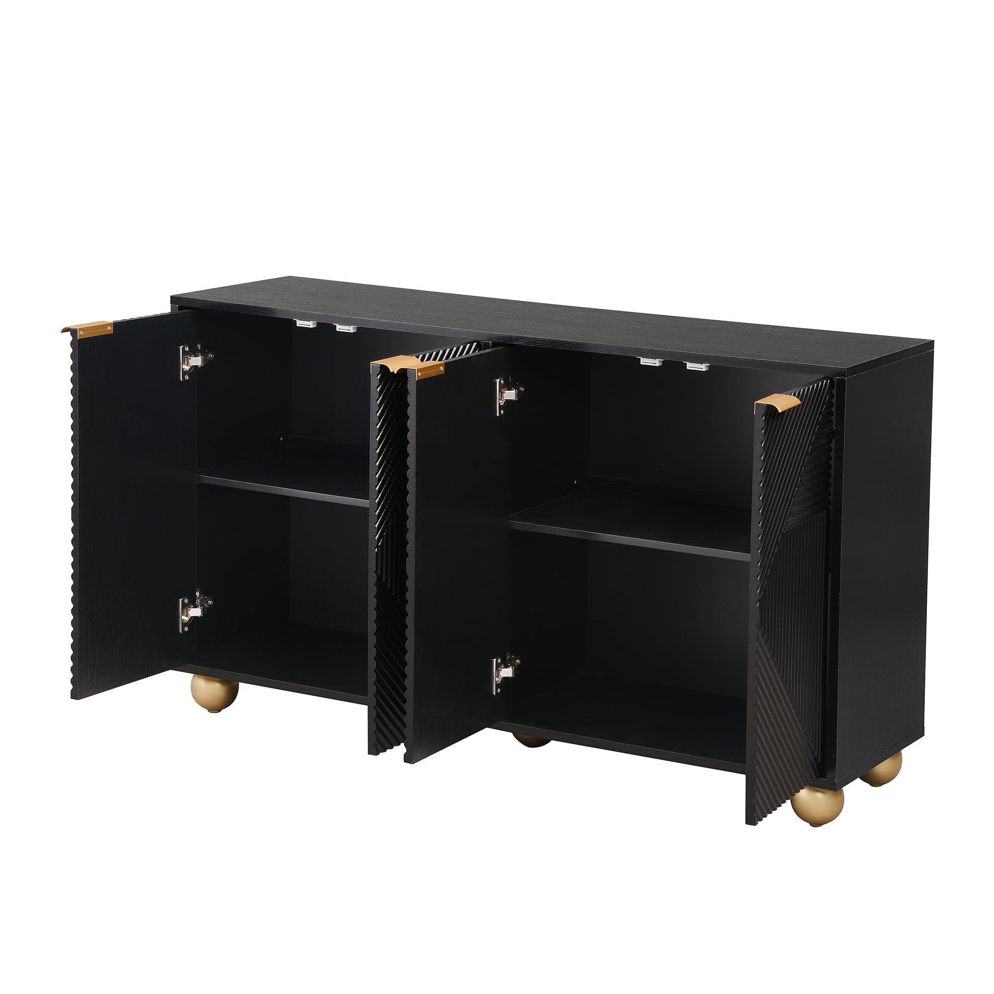 Aparador negro 120 x 35 x 71,5 cm con cuatro puertas moldeadas, estantes interiores ajustables, asas de metal y patas esféricas