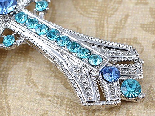 Image of Alilang Silvery Tone Religious Cross Pendant Necklace w /Aquamarine Blue Or Clear Crystal Rhinestones