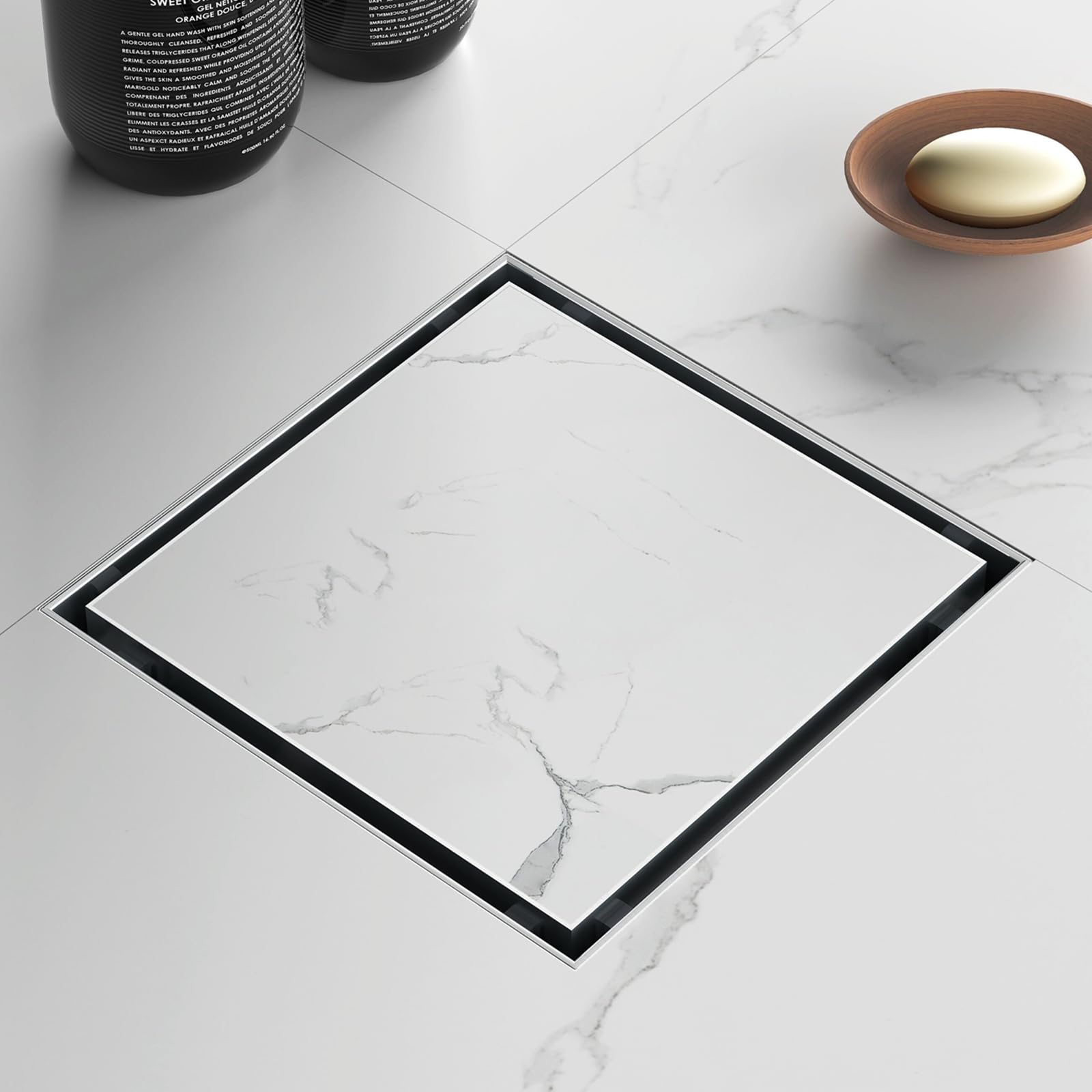 Sharpeye 6 Inch Square Shower Drain with Removable Tile Insert Grate， Brushed 304 Stainless Steel Square Shower Floor Drain, Includes Hair Strainer