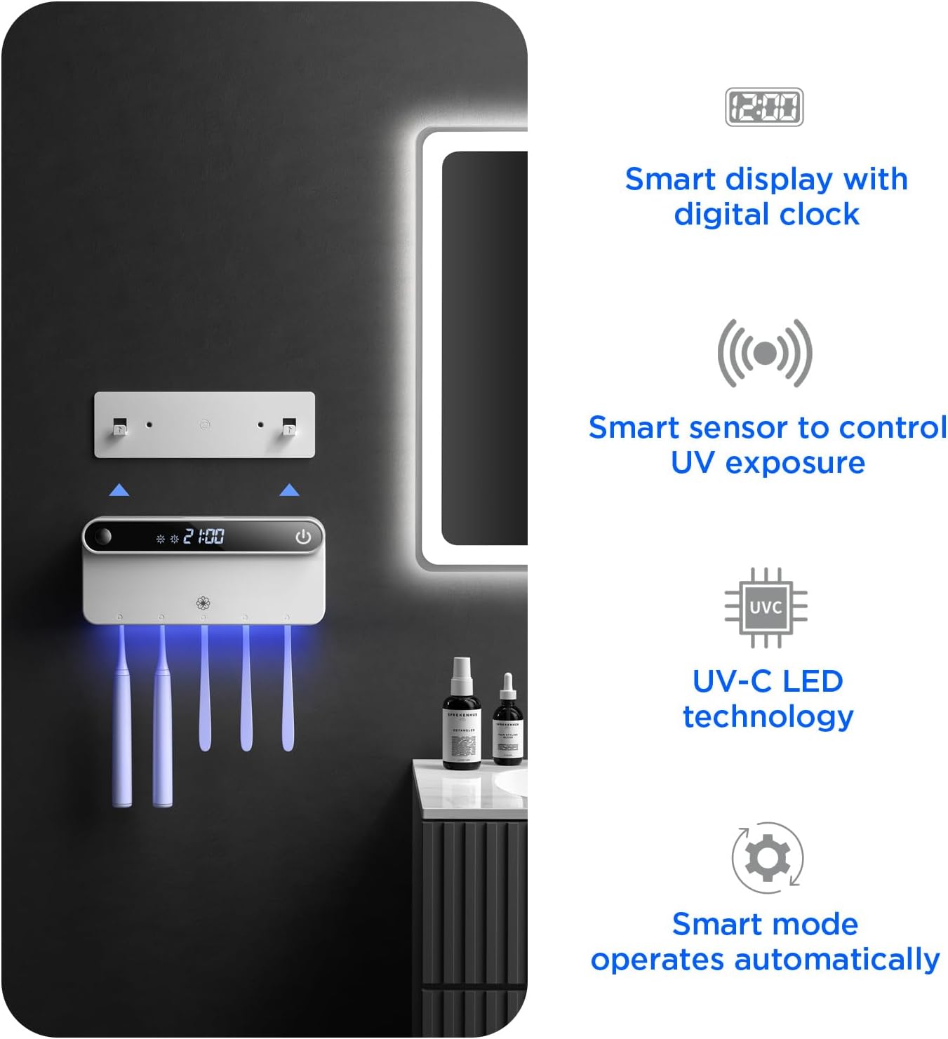 Bloom Toothbrush Sanitizer and Holder for Bathroom Walls, Strong 3M Adhesive, Time Display, Long-Lasting Charge, 5 Slots for Any Size Toothbrush, Black - Image 4