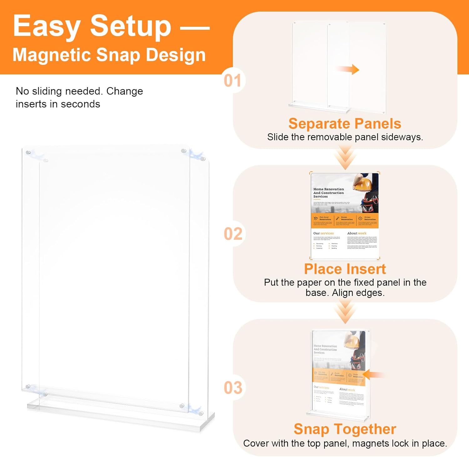8.5x11 Acrylic Sign Holder Table Top with Magnetic Corners, 4-Pack, Rounded Corners – Quick Change Display Stand for Menus, Posters and Ads, Restaurant, Office, Events, Retail