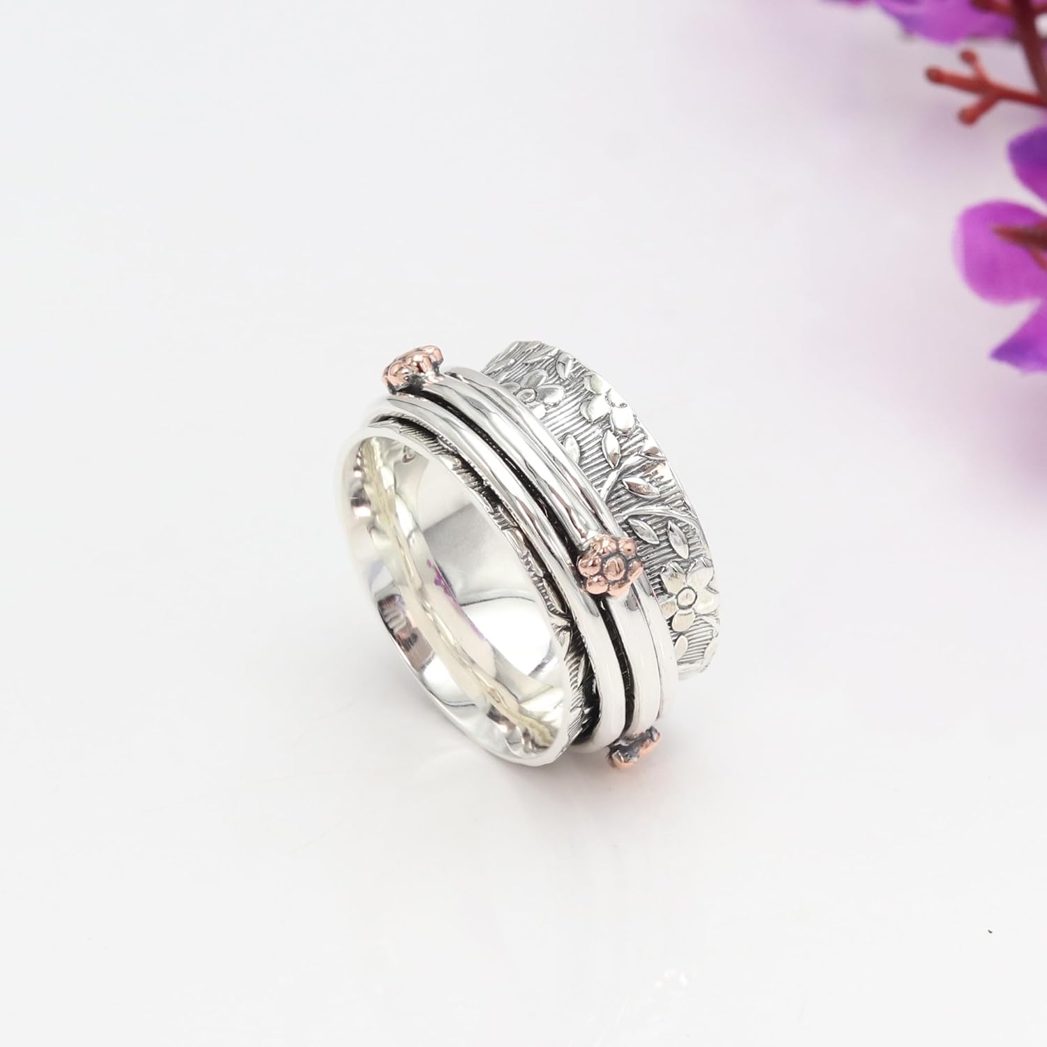 925 Sterling Silver Spinner Ring for Women – Floral Engraved Fidget Band