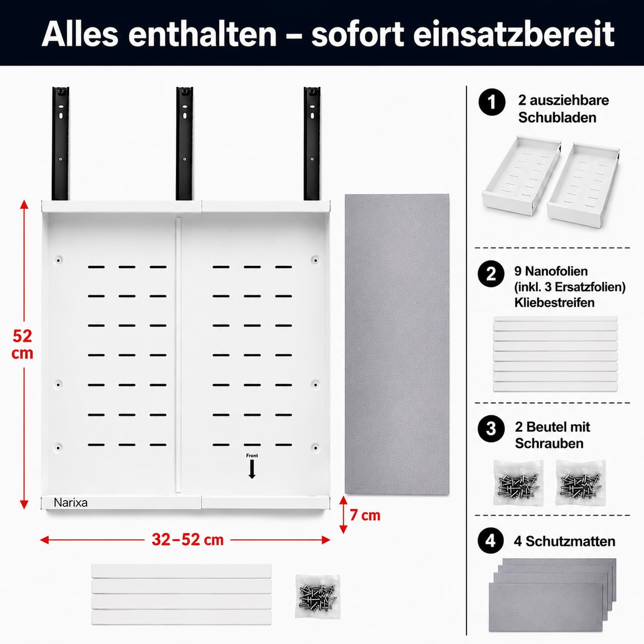 Teleskopschublade Ausziehbar 52 cm Tief mit Schutzmatte | 2 Stück, 32–52 cm Verstellbar, Schrank Organizer, Ohne Bohren