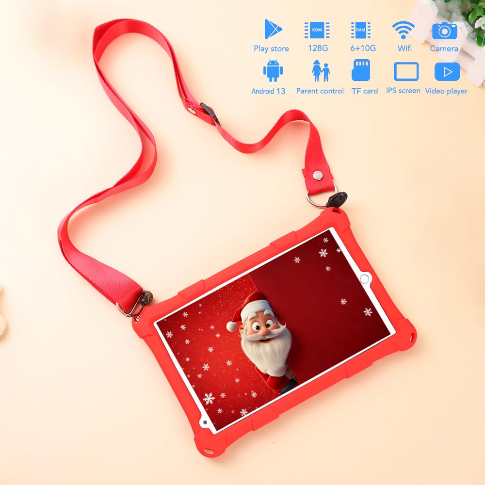 Tablet Bambino, 8 pollici, Android, 6+10 RAM, 128 GB ROM (scheda TF 256 GB), certificato Google, software per bambini preinstallato, Wi-FI, custodia antiurto, regalo per bambini (rosso)