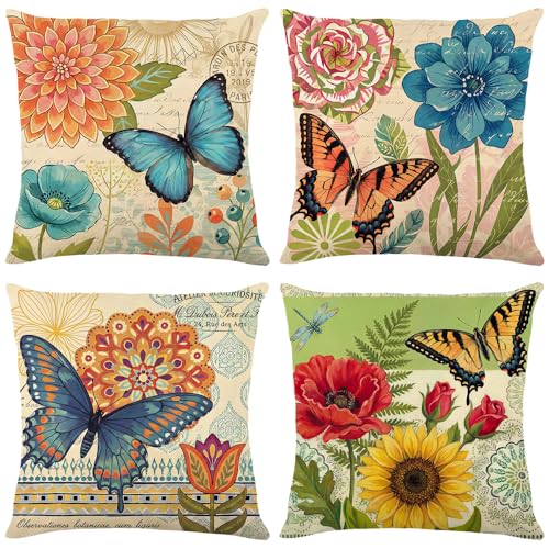 wyooxoo Spring Summer Pillow Covers 16x16 Set of 4 Farmhouse Throw Pillow Covers Linen Flower Butterfly Decorative Pillowcases for Sofa Couch Living Room Outdoor