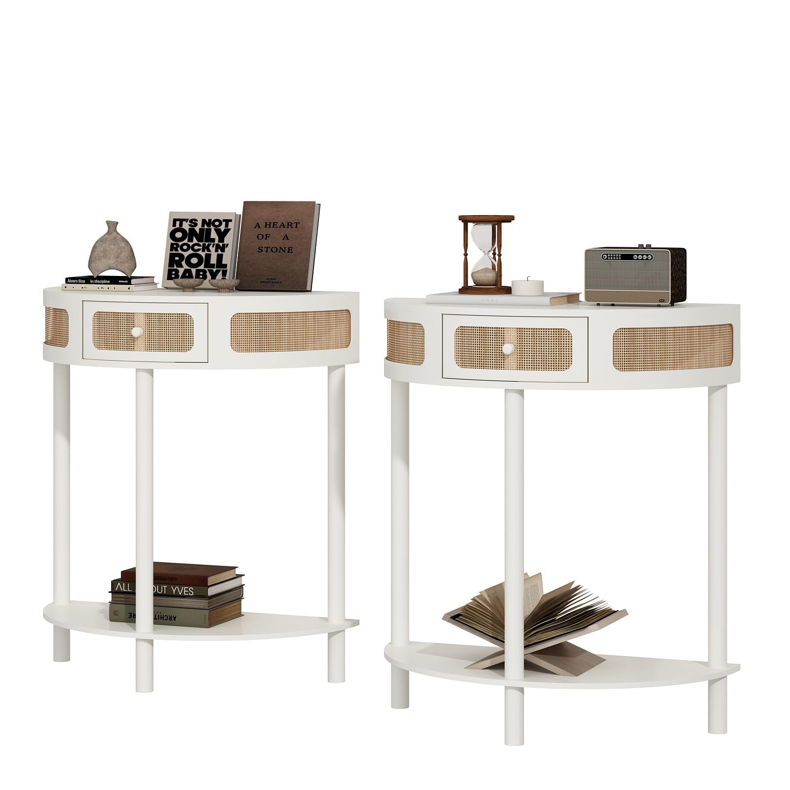 Wnutrees Rattan Half Moon Console Table, Modern Entryway Table with Drawer, Boho Sofa Table with Bottom Storage Shelf, Small Semicircular Tables for