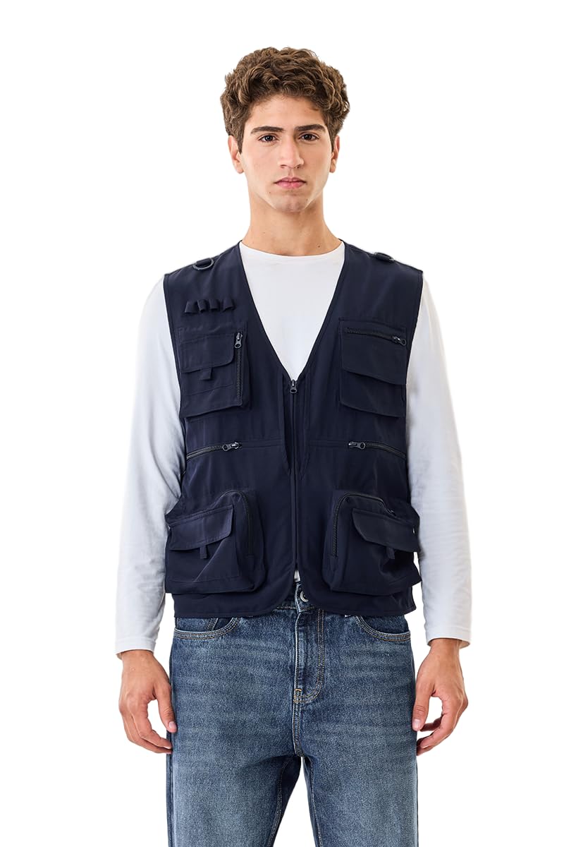 Men Casual Utility Vest Jacket | Regular Fit Sleeveless V-Neck Plain Design | Durable Cotton Polyester Blend With Multiple Pockets For Streetwear & Outdoor