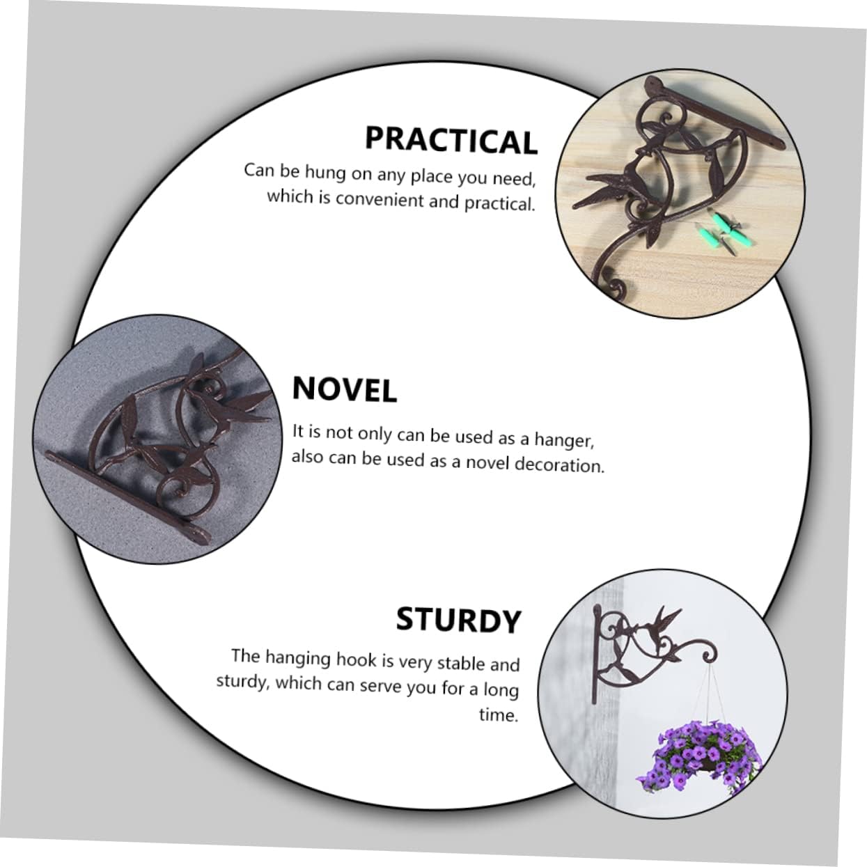 Sosoport 2pcs Boho Wall Basket Decor Hooks Cast Iron Plant Hanger Bracket Rustic Outdoor Decorative Hooks