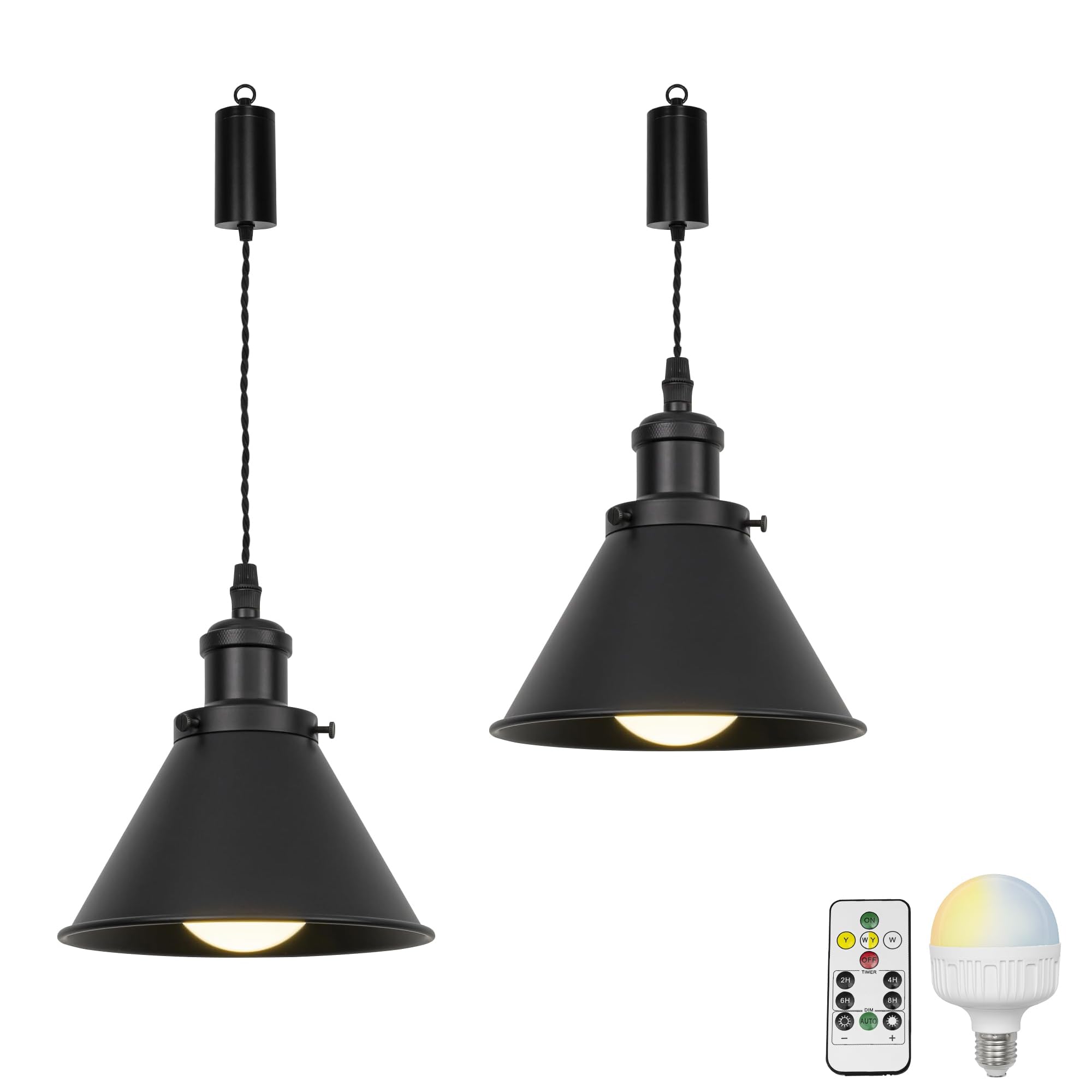 Dimmbare Hängelampe mit Batterie Innen,2er-Satz Retro Hängeleuchte Batteriebetriebene Lampe, Pendelleuchte ohne Strom Stromanschluss für Küche Nachttischcafé, Schwarz TB0121