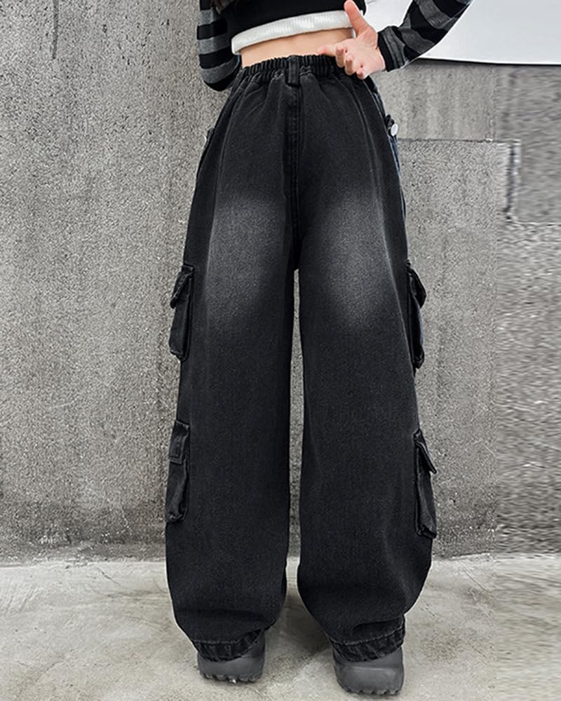 AOWKULAE Mädchen-Jeans, Cargohose, weites Bein, hoher elastischer Bund, gerade Denim-Hose mit Taschen, 5–14 Jahre