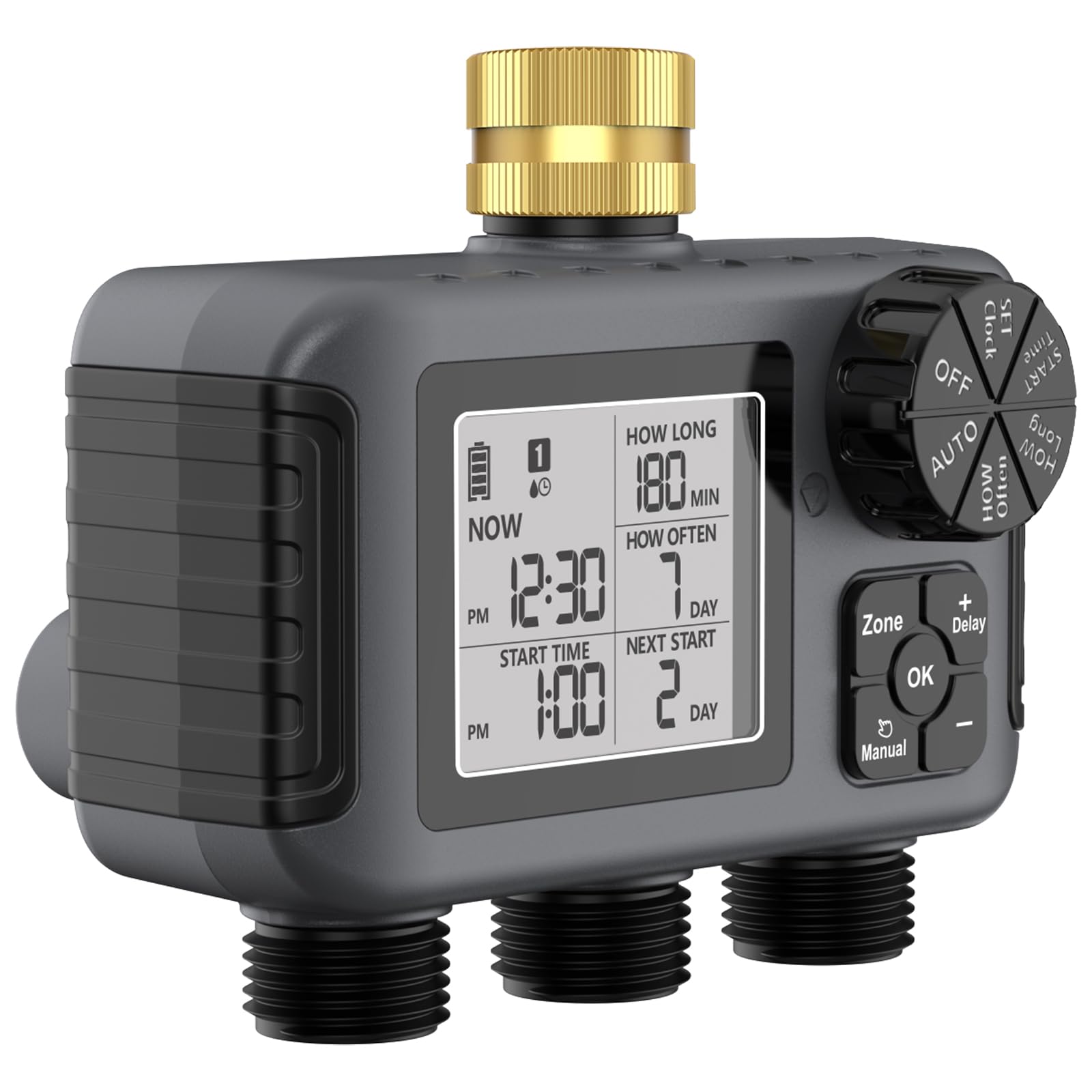 Haozee Computer di irrigazione con 3 uscite controllate indipendentemente, orologio di irrigazione con ritardo di pioggia/modalità automatica e manuale, display LCD a grande schermo, timer per