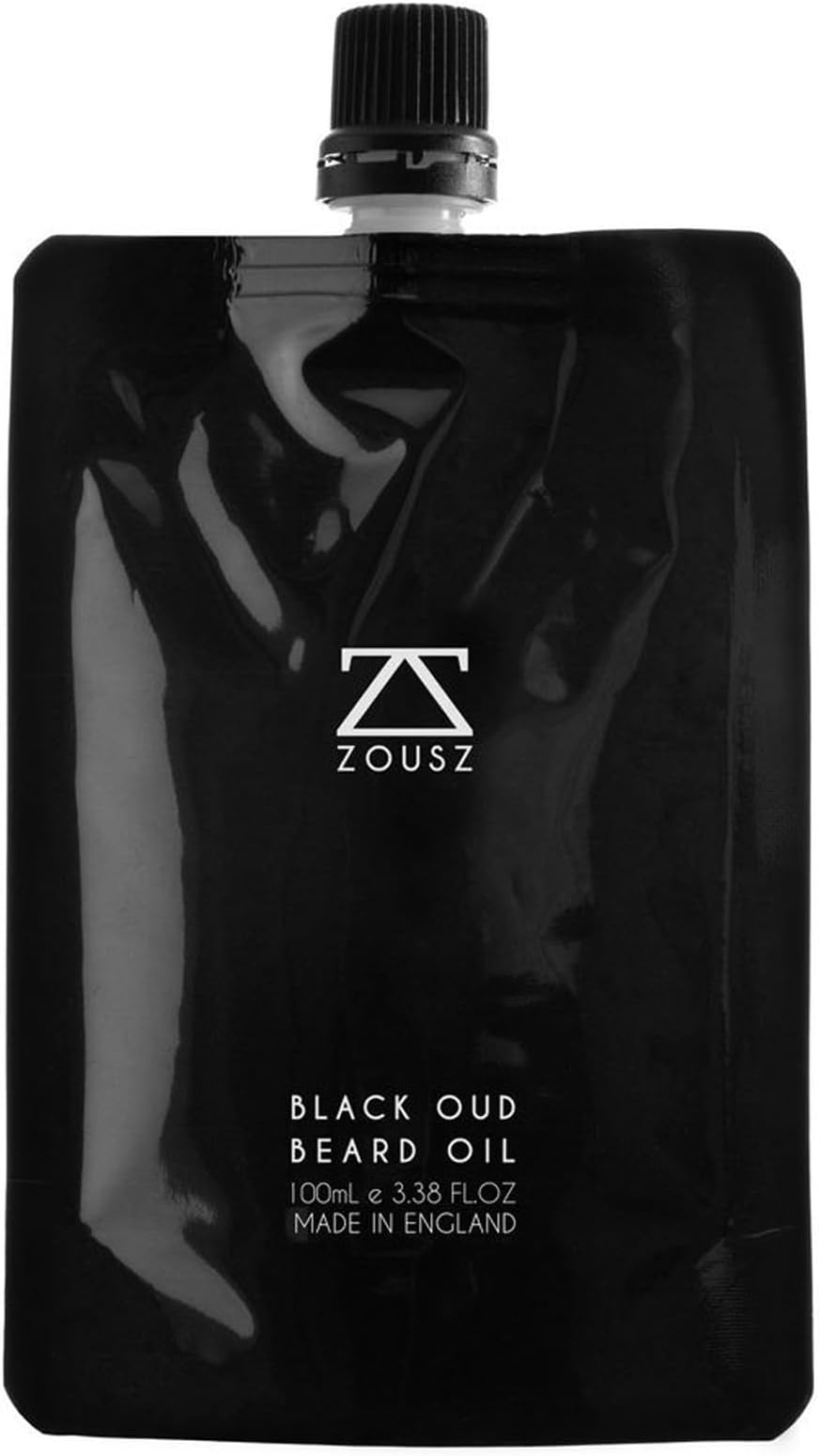 ZOUSZ Black Oud Beard Oil for Men (Growth Enhancer) | Beard Care Essential - Non-Greasy After Shaving Oil, Paraben-Free, 100mL Refill Pouch Gift for Men
