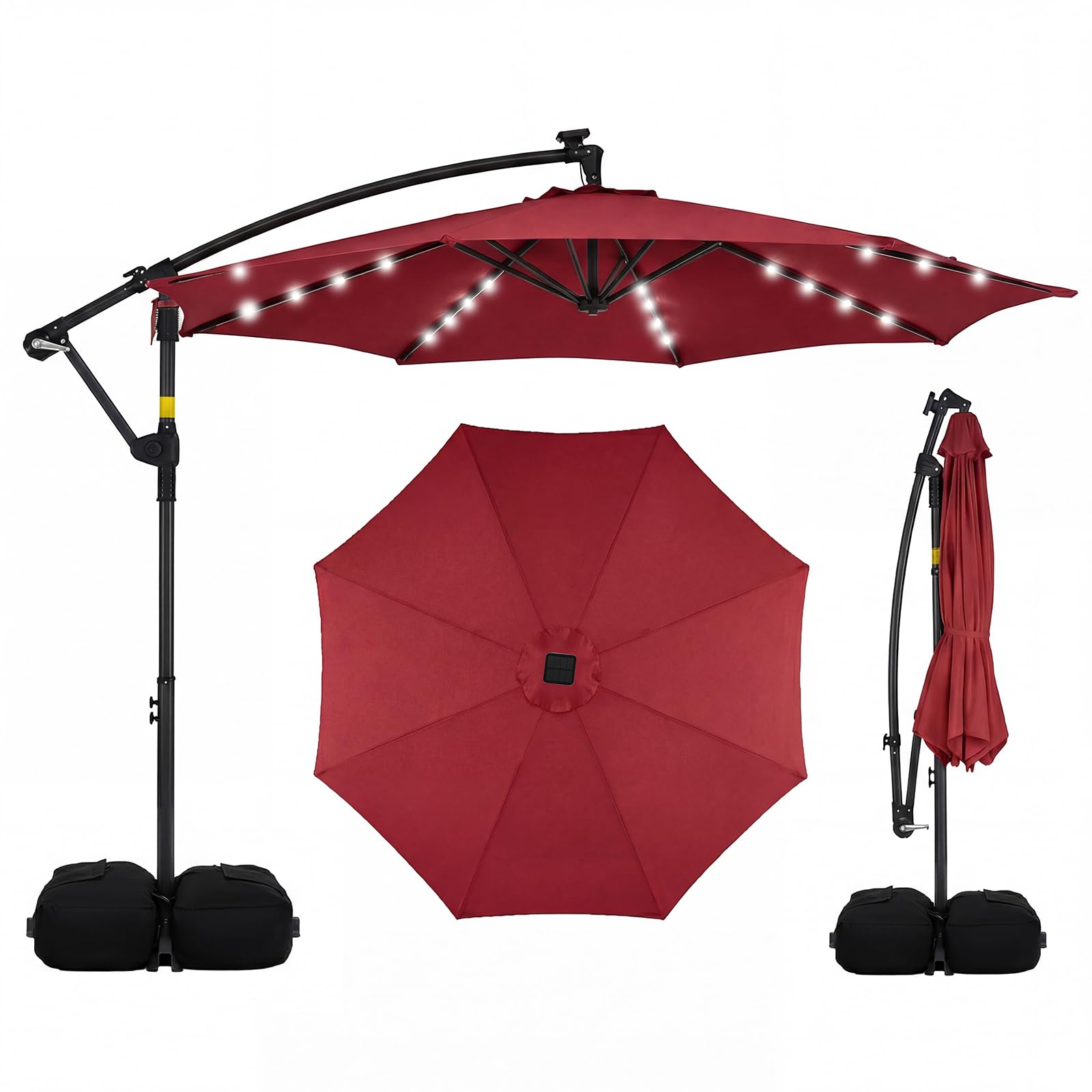 COSTWAY Sonnenschirm mit Ständer und LED-Leuchten, 300 cm Ampelschirm mit Kurbel, Gartenschirm, 360° drehbar, Marktschirm, Terrassenschirm für Garten, Terrasse, Pool (Weinrot)