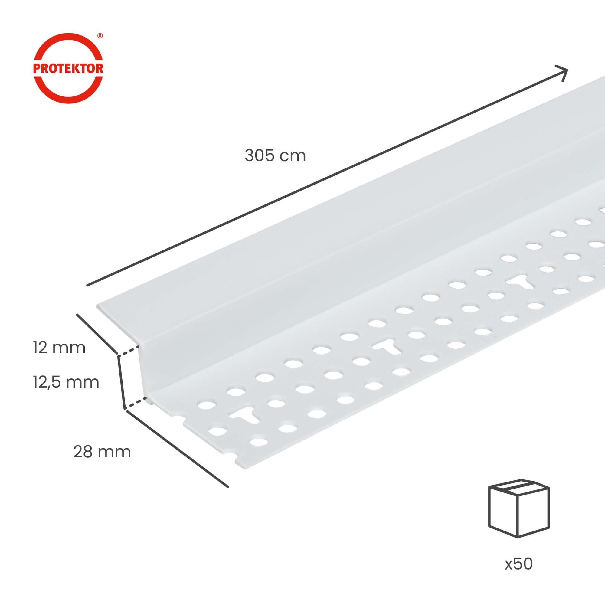 PROTEKTOR 50x Schattenfugenprofil 305cm, weiß – Abschlussprofil 37824 mit 12mm Schattenfuge für Gipskarton im Trockenbau aus Hart-PVC