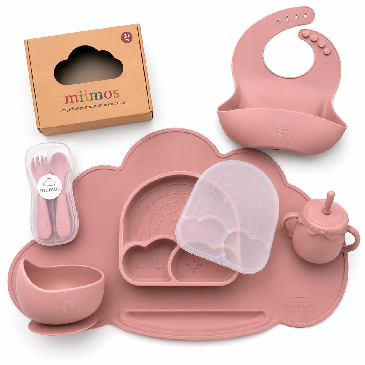 Vajilla Bebé Silicona BLW | Set Completo con Plato Ventosa Fuerte, Bol, Vaso, Babero, Cubiertos con Estuche y Tapete | 100% Silicona Alimentaria Libre BPA (ROSA)