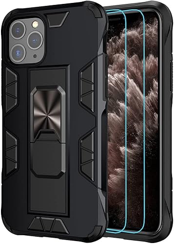 Funda de grado militar para iPhone 11 Pro Max con protector de pantalla de vidrio templado a prueba de golpes con soporte de soporte magnético