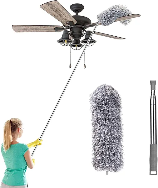 Microfiber Duster with 100" Extension Pole, Telescoping Feather Dusters for Cleaning Cobweb, High Ceiling, Ceiling Fan, Blinds, Furniture, Keyboard, Cars Gray