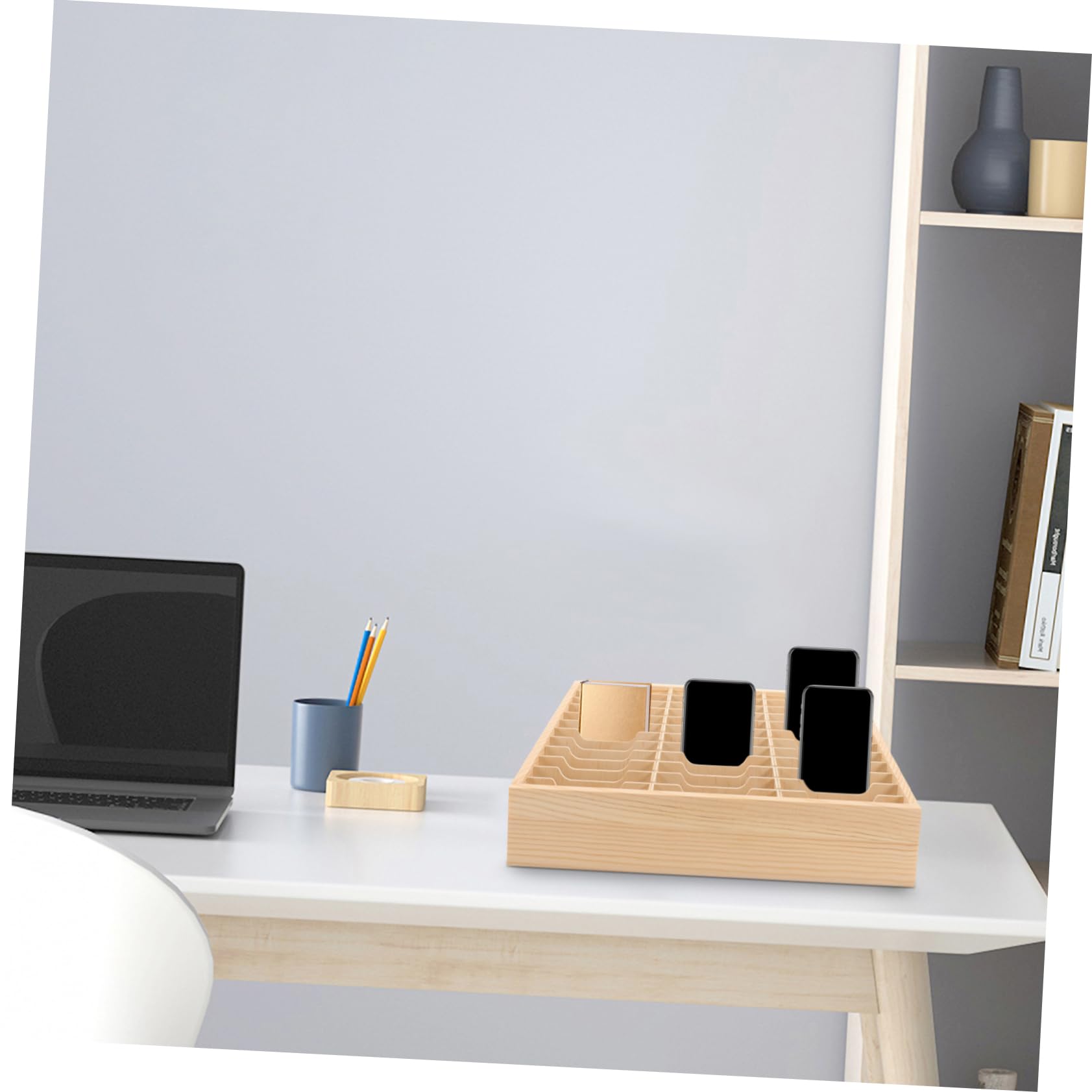Operitacx Soporte para Teléfono Móvil de Escritorio en Madera Resistente Múltiples Compartimentos para Organizar y Almacenar en Habitaciones de Estudio o Dormitorio